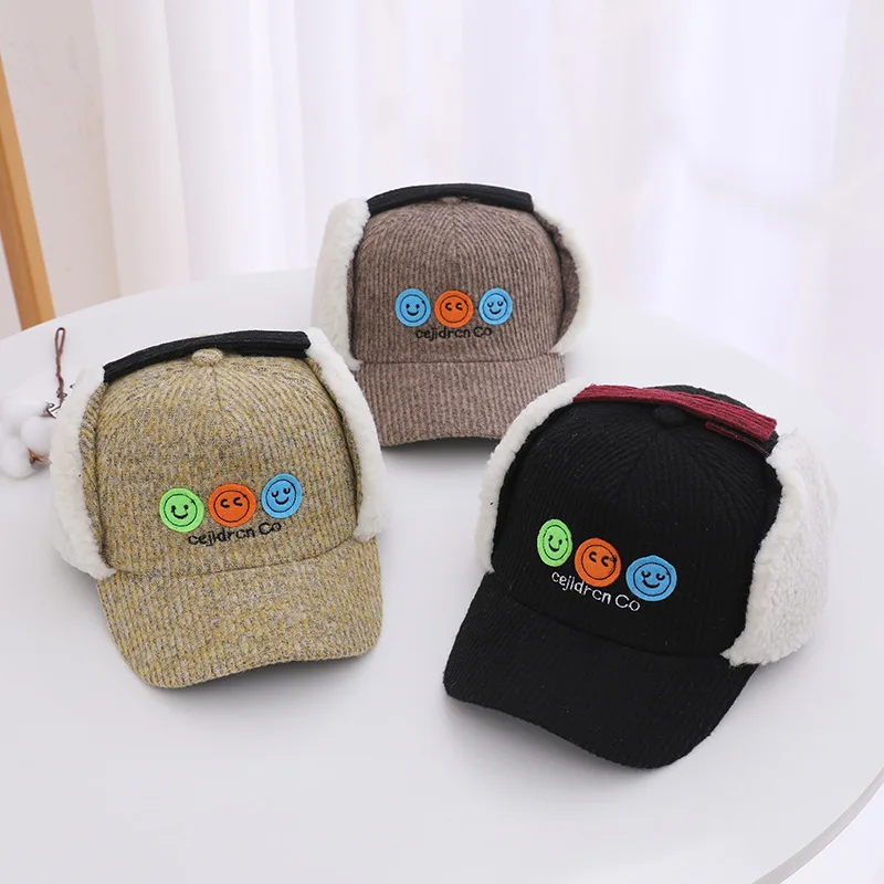 

Children Aged 4 To 10 Winter Warm Earmuffs Cartoon Hat Add More Velvet Plush Embroidery Cold Expression Baseball Cap Cap
