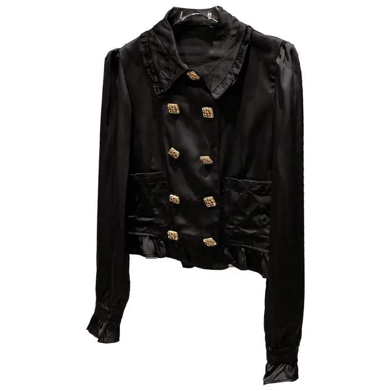 

2021 Spring New Women Shirts Blouse Gold Button Dark Plaid Design Long Sleeve Lapel Shirt Women Tops