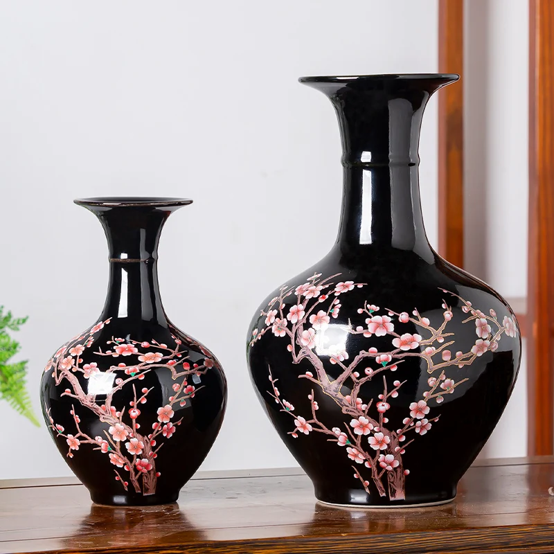 

40CM Jingdezheng Pink Plum Blossom Peony Flower Glaze Black Ceramic Beauty Vase,Chinese Porcelain Vintage Floor Vase