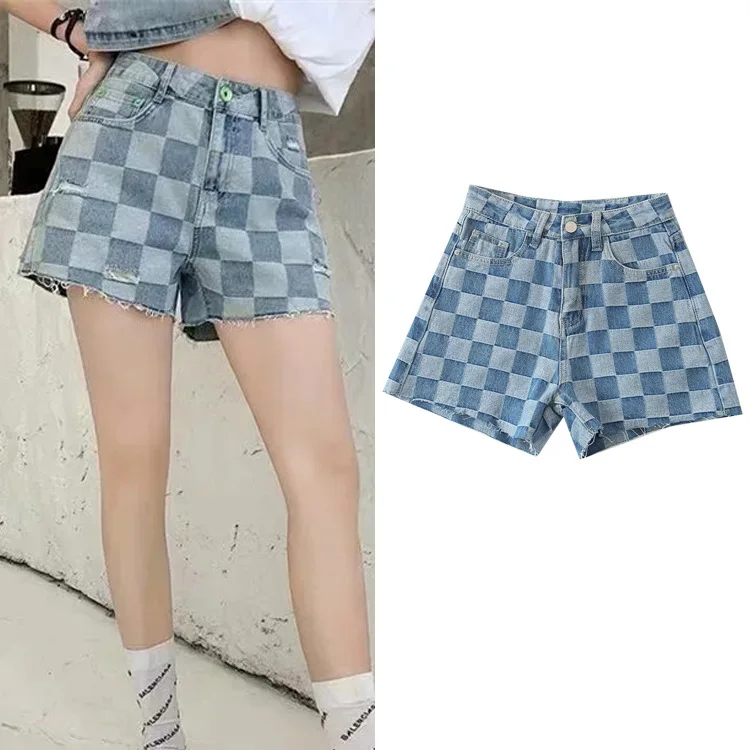 

Zoulv 2021 Spring Summer New Women's Pants Casual High-waist Denim Shorts Hit Color Plaid Personality Simple Straight Shorts
