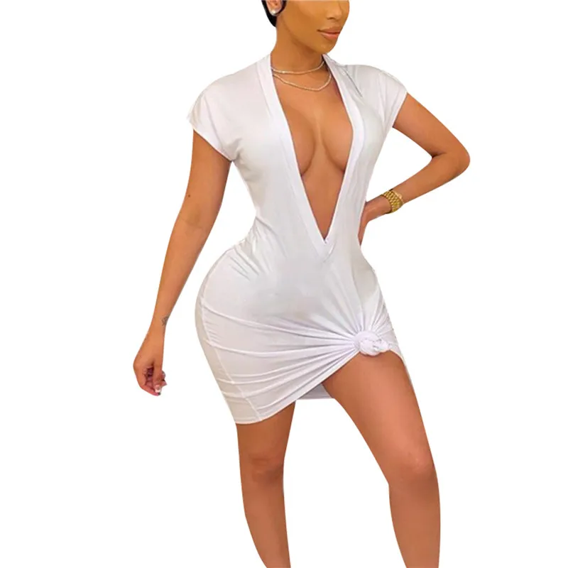 

Sexy Ladies Twist Tight Mini Dress Solid 3 Colors Deep V-neck Short Sleeve Vestidos Women Summer Clubwear Fashion Clothing S M L