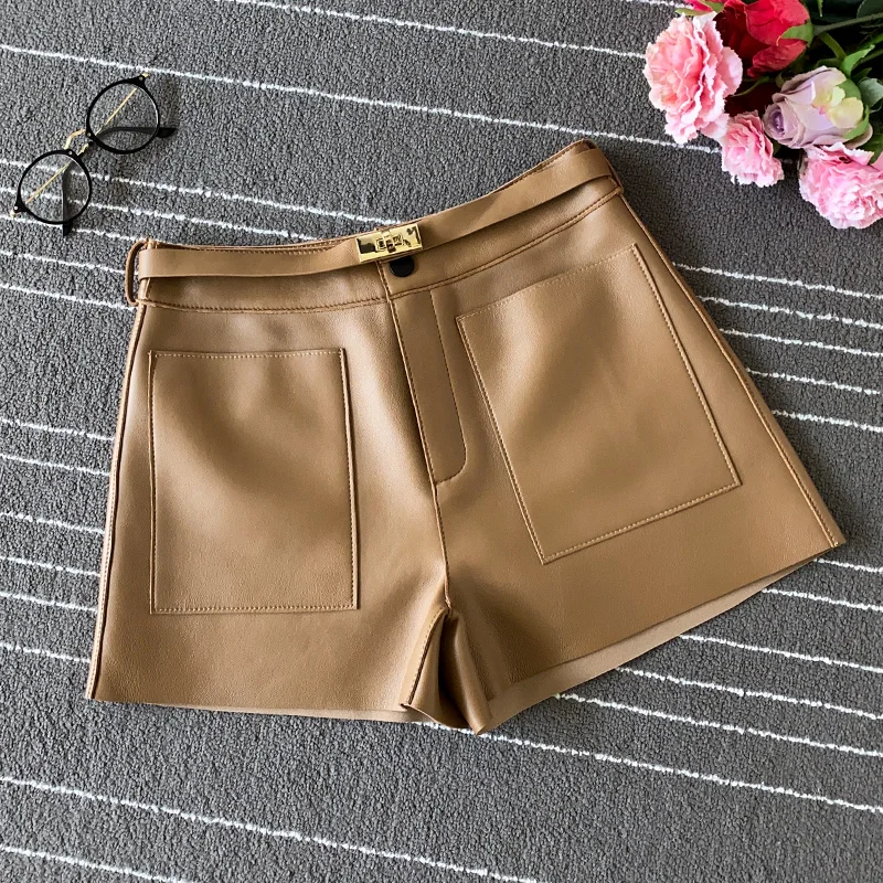 Chic Women's High quality Sheepskin High-rise leather pants fashion women Real leather short pants C440