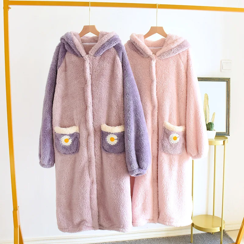 

Voplidia Women Pajamas Flannel Sleepwear Cute Flower Print Female Girl Pyjamas Robes Nightdress Fashion Home Clothes Dress