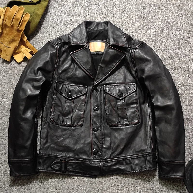

Free shipping.2021 brand new rider genuine leather jacket.Luxury vintage black tea core horsehide coat.japan style