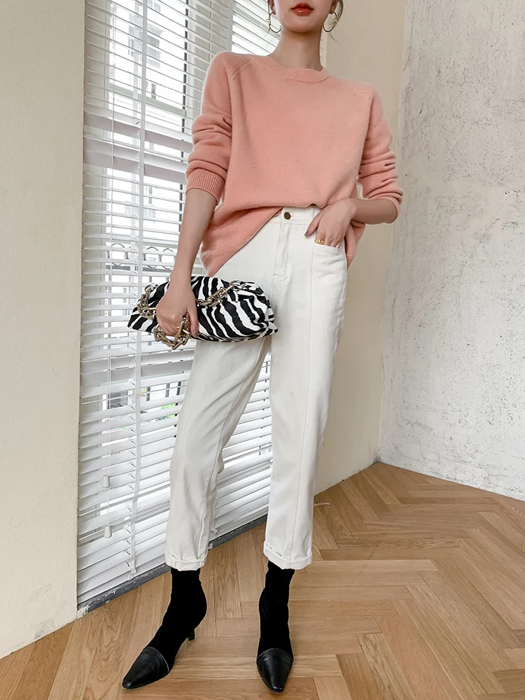 

Women's sweater pure wool 2020 new round neck sweater thickened loose cashmere knitted solid color base