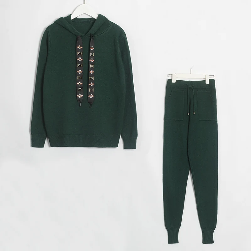 Dark Green Wixra, женский свитер, костюмы и комплект, Повседневный свитер с капюшоном, вязанные длинные штаны, 2 шт., комплекты одежды, спортивные костюмы, брюки+ джемперы - Цвет: Dark Green