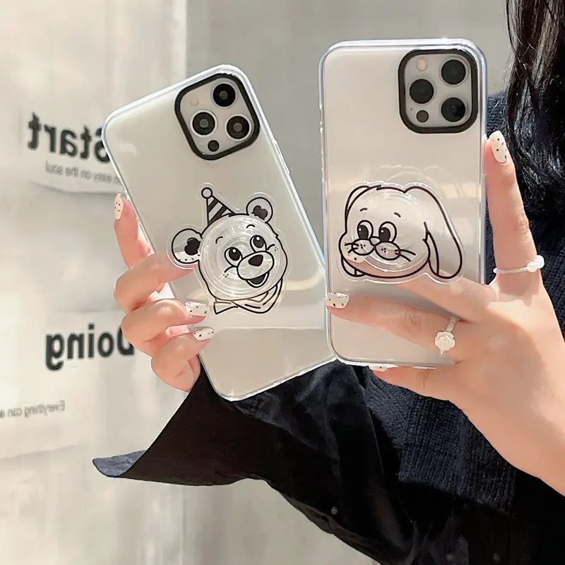 

Korea INS Cute Kawaii Bear Stand Holder Phone Case For Iphone 13 12 Mini 11 Pro XS Max X XR 7 8 Plus SE 2020 Soft TPU Back Cover