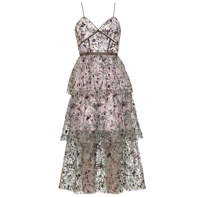 

Sexy V-neck Spaghetti Strap Summer Dress 2020 Runway Designer Women Vintage Sequin Mesh Floral Embroidery Long Dress