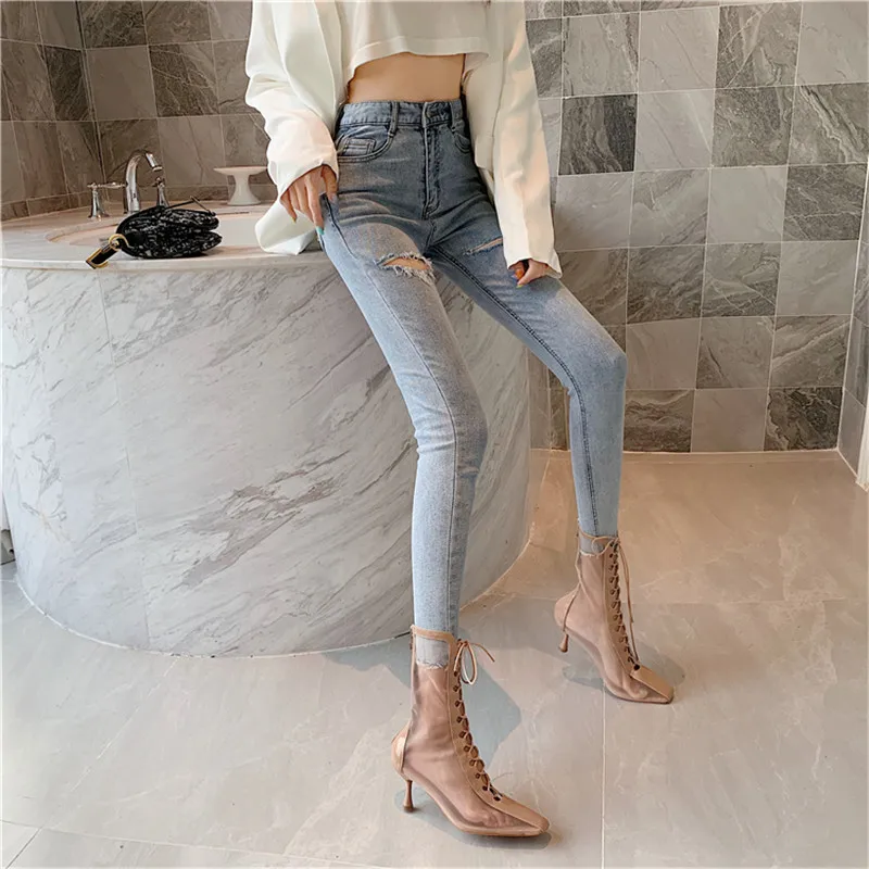 Light blue Женские повседневные джинсы новые модные тонкие рваные с высокой талией джинсы - Цвет: Light blue