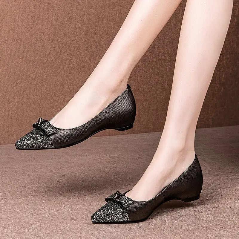 

ALLBITEFO genuine leather+Sequins bowtie high heels office ladies shoes women high heel shoes thick heels party women heels