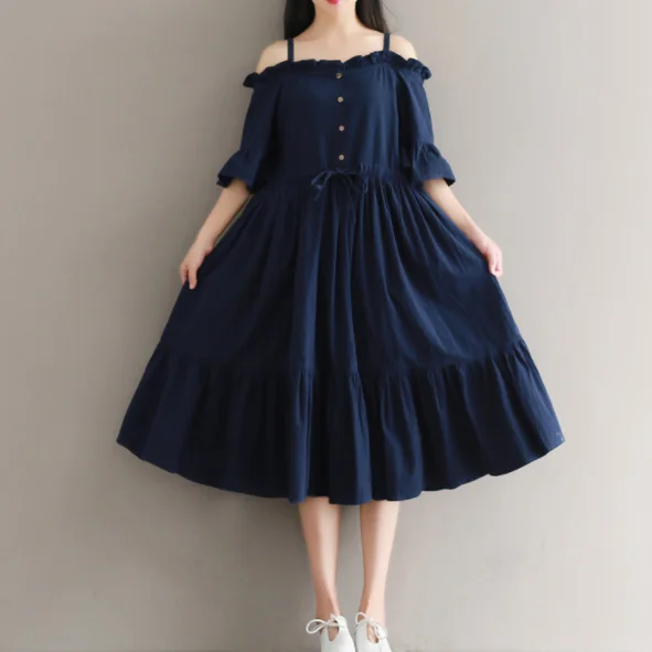 Mori Girl летнее женское платье миди с вырезом лодочкой однотонное Vestidos Femininos