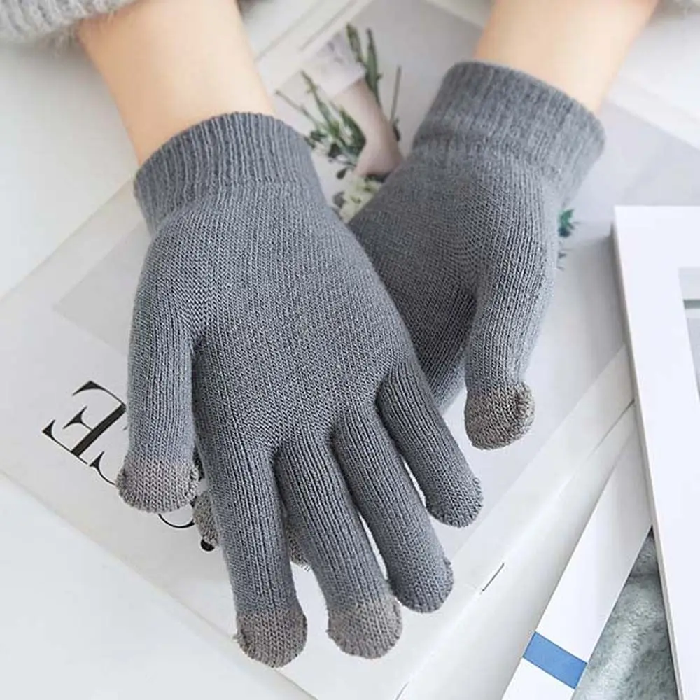 

Plus Velvet Stretchy Five-finger Women Solid Color Jacquard Touchscreen Gloves Knitted Gloves Touch Screen Mittens