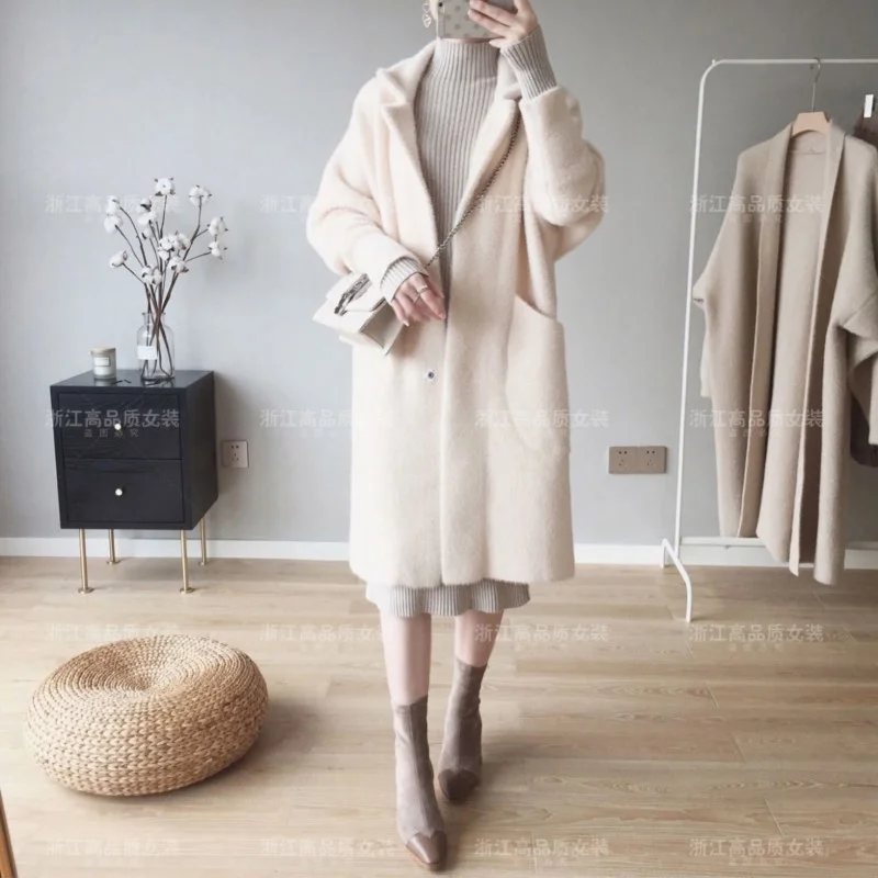 Женское шерстяное пальто однотонное повседневное однобортное с отложным