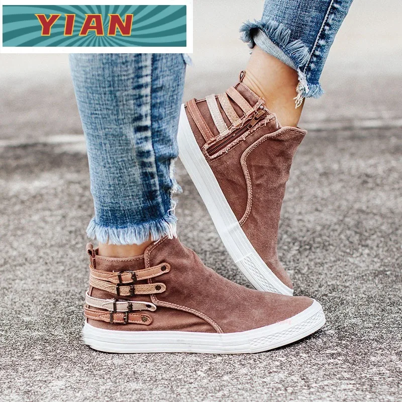 

Gladiator cowboy flat ankle boots autumn new fashion zipper female high-top thick-soled outdoor sports shoes motorcycle boots