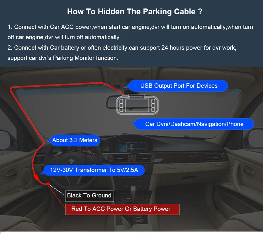 12 В/24 В до 5 В пост 3A Mini USB Buck линейный DVR Мощность кабель с адаптером для M01 M06 GS63H PG01 PG02 Dash Cam низкая Напряжение защиты