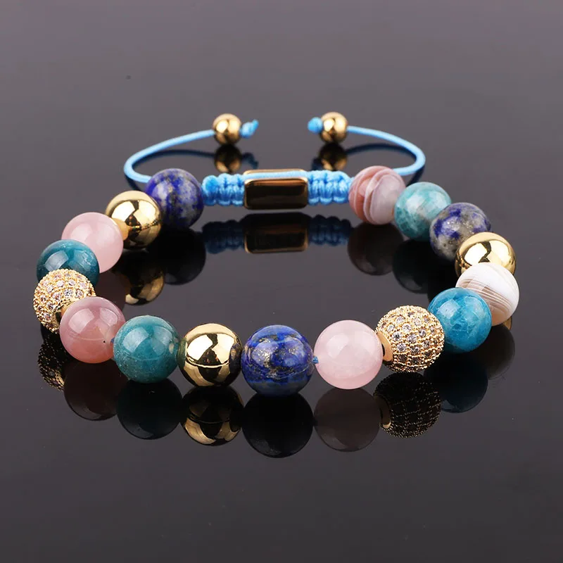 High Quality 10mm Natural Stone Lapis Apatite Rose Quartz Friendship Macrame Bracelet Female