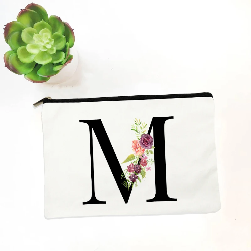 

Bridesmaid Makeup Bag Flowers Alphabet Printed Canvas Storage Bag Cosmetic Bags for Bride Bridesmaid Proposal Gift