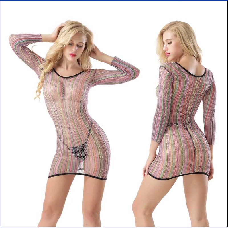 

Сексуальное женское бикини в радужную полоску, Сетчатое бикини для девушек с длинными рукавами, облегающее удобное платье, пижама W033