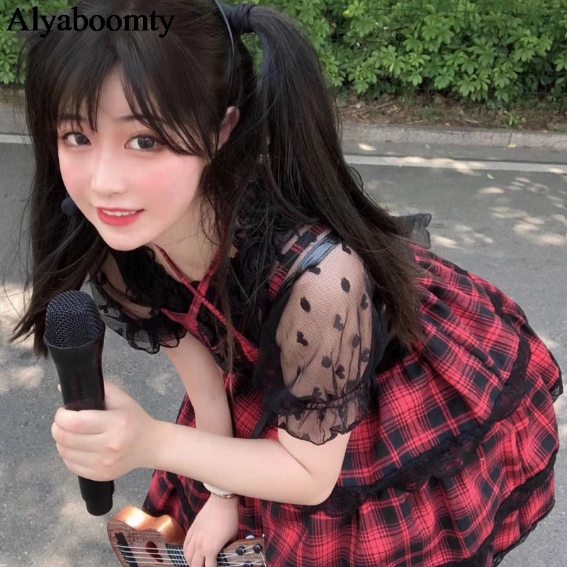 Женский сарафан в стиле Харадзюку Красное Облегающее Платье клетку японском