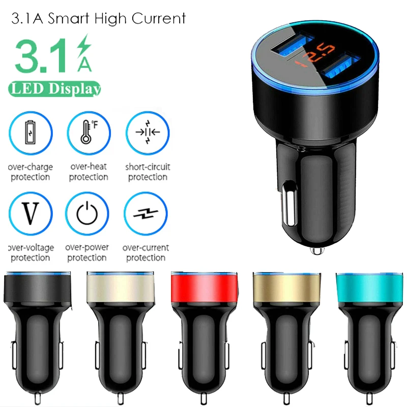 Универсальное автомобильное зарядное устройство с двумя usb-портами 3,1 А, светодиодный дисплей, автомобильное зарядное устройство для мобильного телефона Xiaomi, samsung S8, iPhone 6, 6s, 7, 8 Plus, планшет