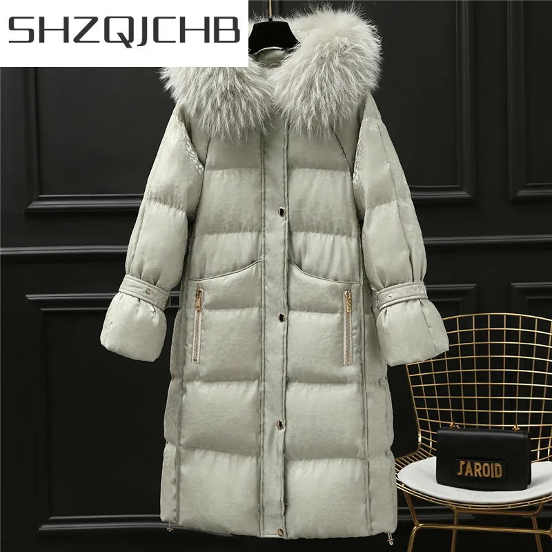

Женская куртка на 90% белом утином пуху SHZQ, корейское пальто, женские парки с капюшоном и меховым воротником из енота, 2021, пальто для женщин 9