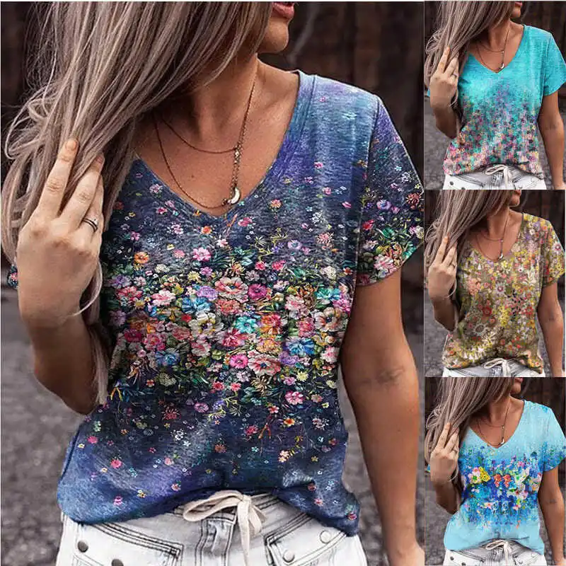 

Woman Tshirts Women Summer Flower Printed Short Sleeve V-Neck T-Shirt Casual Tee Tops Graphic T Shirts Mujer Camisetas