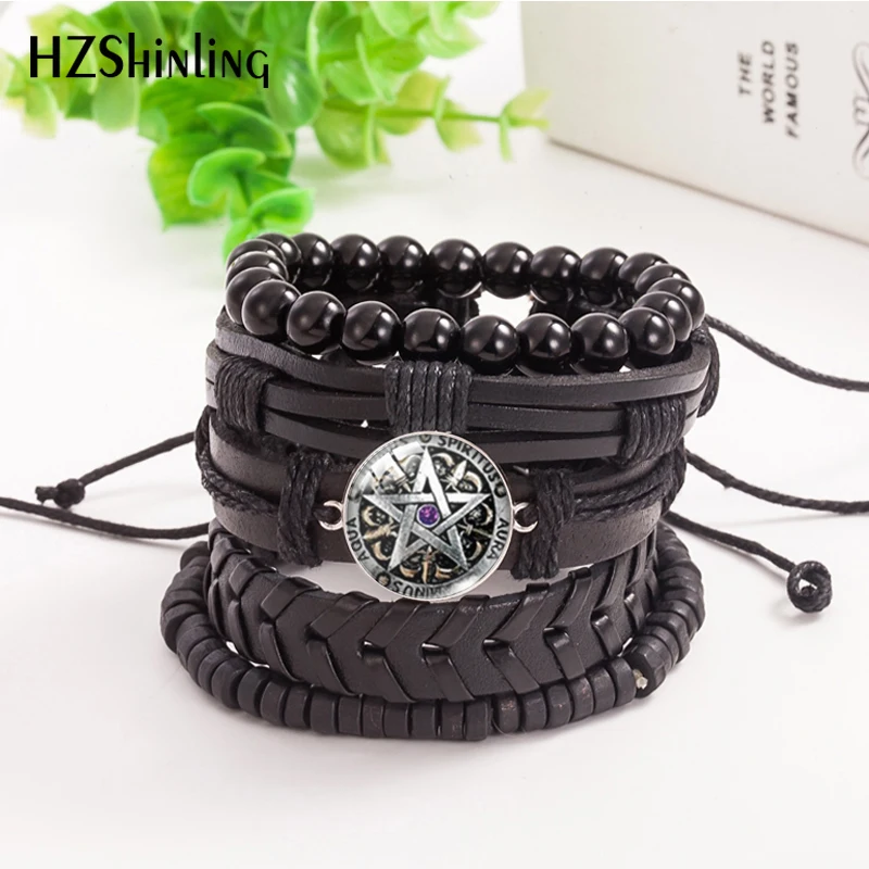 

Collier Collares Wiccan Pentagram Multilayer Weave Leather Bracelet Glass Cabochon Charm Lace-up Bracelet Jewelry Accessories