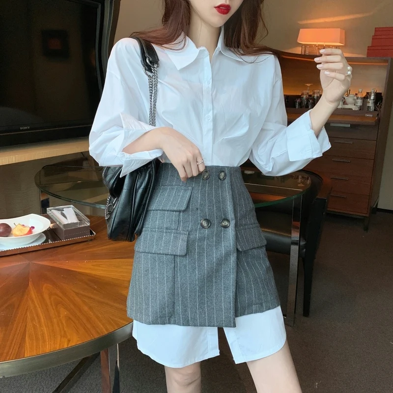 

2021 New Korean Style Women Office Clothes Two Piece Set Design Long Sleeve Shirt Mini Dress + High Waist Breasted Skirt Suits