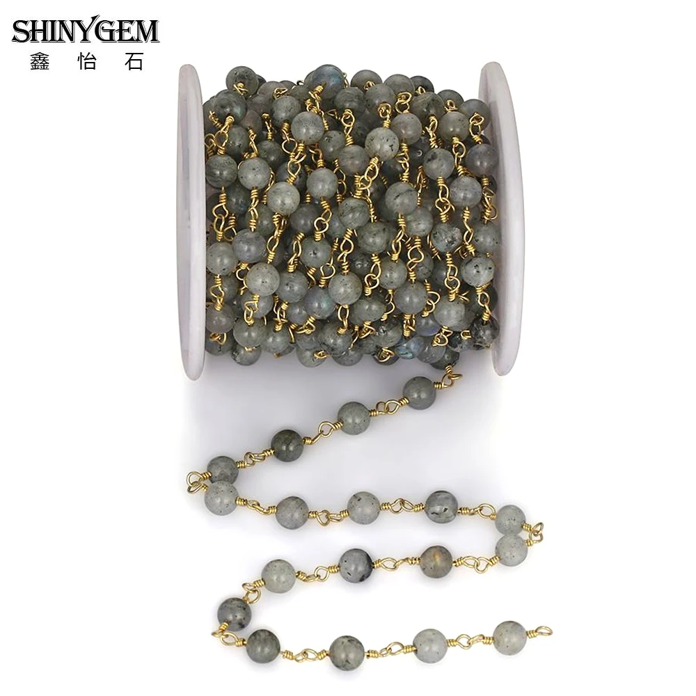 

ShinyGem 6mm Natural Labradorite Bead Gold Plating Wire Chain Semi-Precious Stone Bead Rosary Chains For DIY Jewelry Making 5M