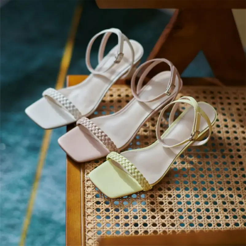 

Meotina Sandals Shoes Women High Heel Ankle Strap Sandals Strange Style Buckle Shoes Square Toe Ladies Footwear Yellow 40 New