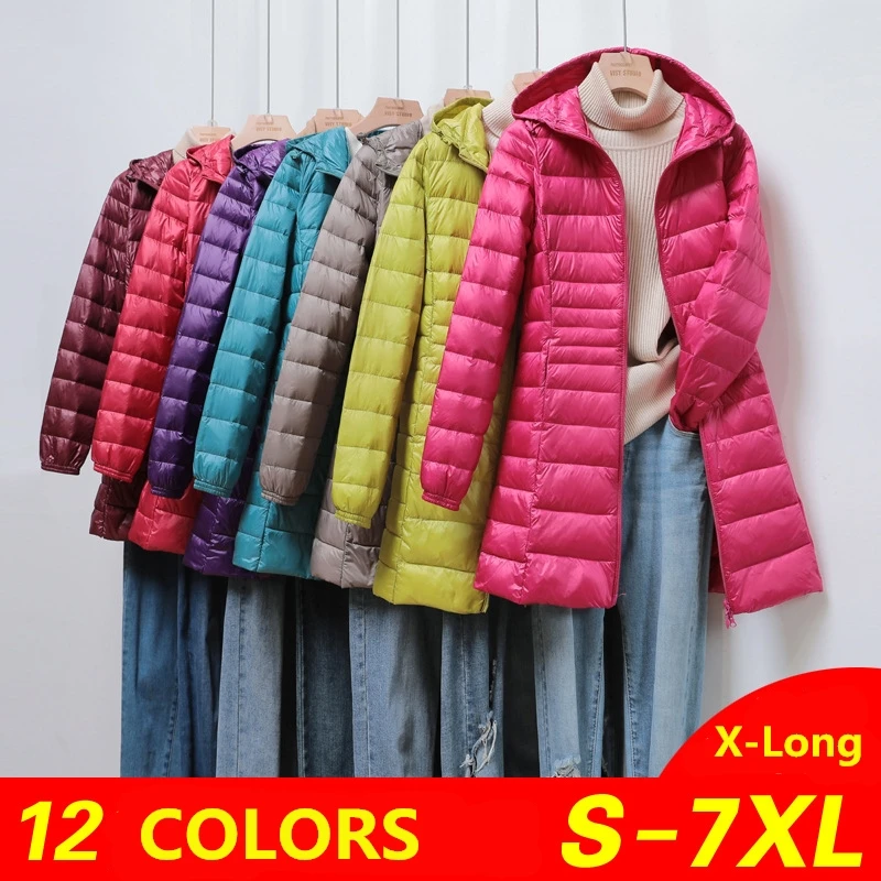 Chaqueta de plumón con falda reflectante para mujer, abrigo largo ultraligero con capucha, talla grande 5XL, 6XL, 7XL, novedad de 2021