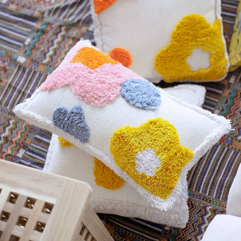 Cute Little Daisy Fluffy Sofa Pillowcase Nordic Style Geometric Flowers Pattern Decorative Pillows Case Waist Back Cushion Cover | Дом и сад