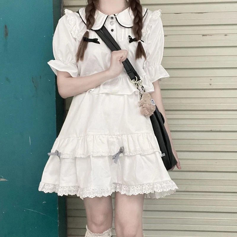 

Sweet preppy style French lace tutu skirt female summer new ulzzang Harajuku Kawaii solid color bow high waist cute mini skirt