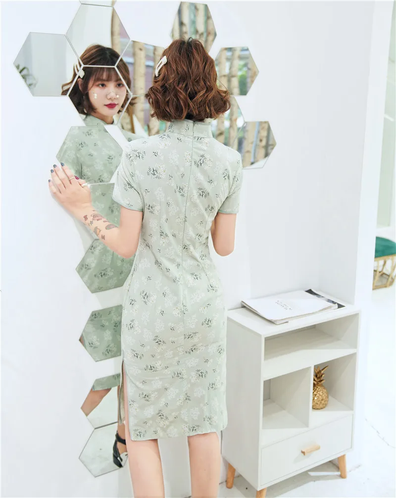 

Print Flower Green Young Women Sexy Cheongsam Vestidso Elegant Mandarin Collar Chinese Dress Novelty High Split Satin Qipao