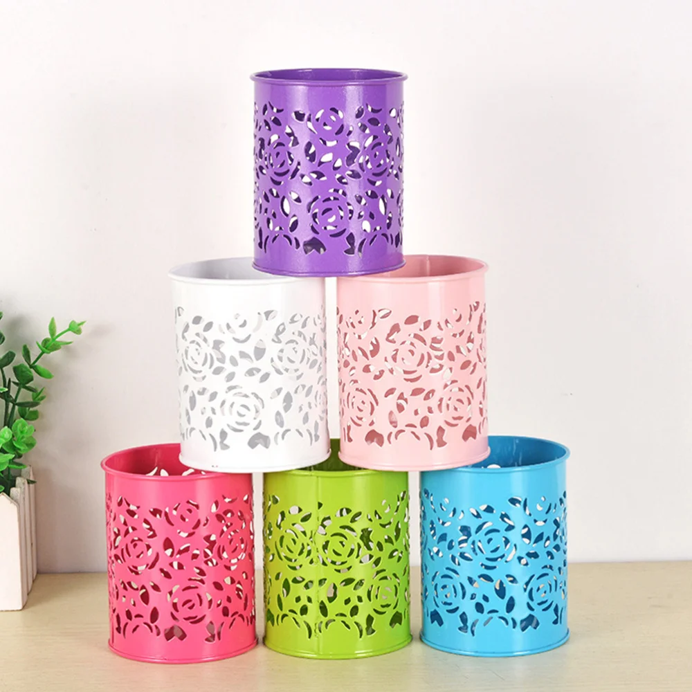

6pcs Metal Pen Pot Rose Flower Hollow Pencil Holder Container Organizer (Assorted Colors)
