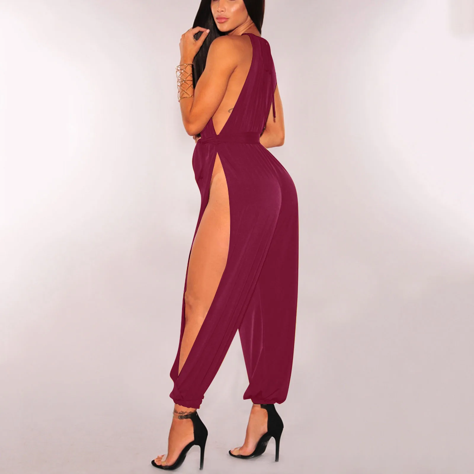 

Sexy Streetwear High Slit Open Leg Jumpsuit Sexy Rompers Womens Sleeveless Hollow Out Ruched Sleeveless Jumpsuits Club Overalls