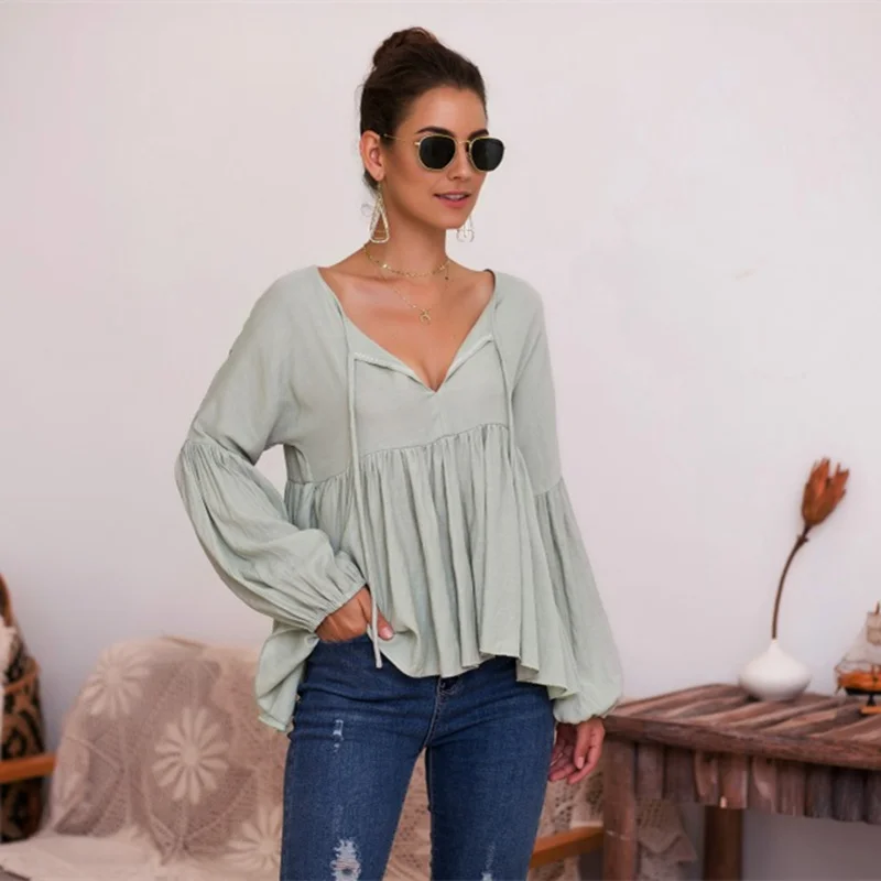 

Women Vintage V-Neck Bandage Puff Sleeve Solid Blouse Sexy Draped Elegant Short Blouse 2020 New Arrival Autumn Fashion Blouse