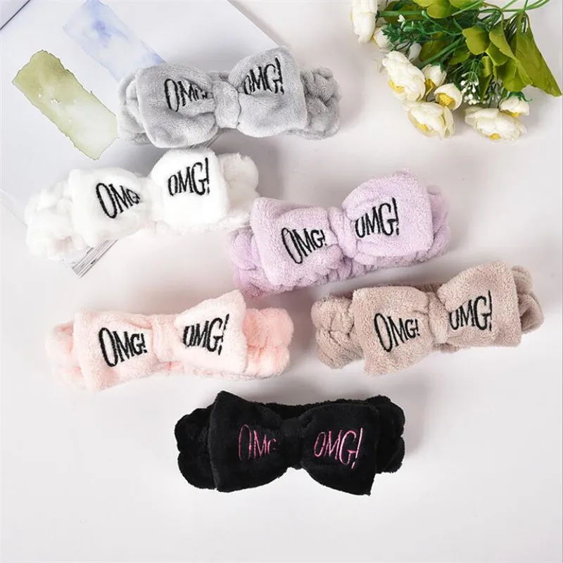 

Elastic OMG Letters Bow Hairbands For Women Girls Coral Fleece Makeup Headband Hair Bands Wash Face Headwear Hair Accessories