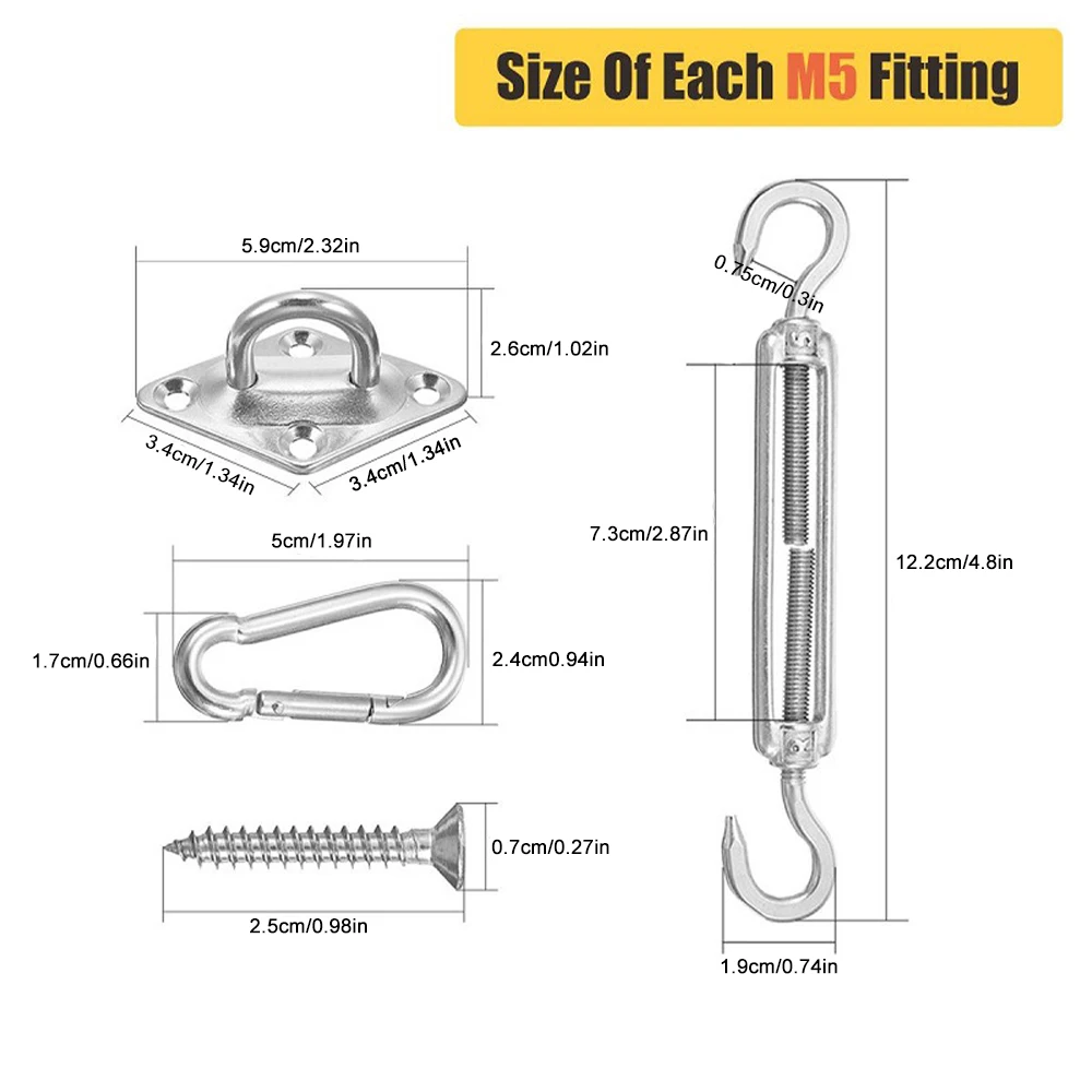 

40pcs Sun Shade Sail Canopy Accessory Stainless Steel Hardware Kit Turnbuckle Pad Eye Carabiner Clip Hook Screws Bolt Hook Base
