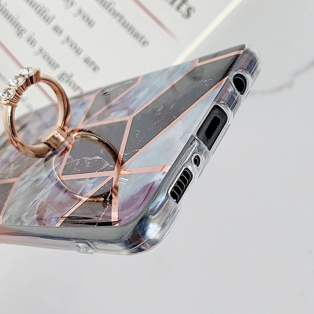 Geometric Marble Phone Case With Finger Ring For Samsung A50 A70 A51 A71 S20 Plus S8 S9 S10 Soft IMD Back Cover | Мобильные телефоны