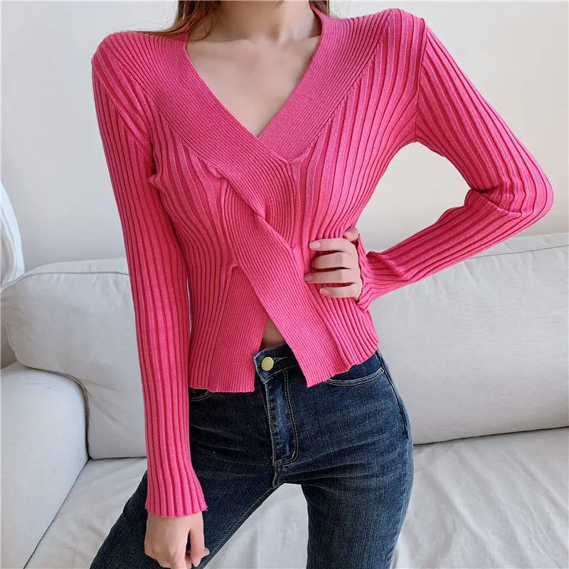 

Женский осенне-зимний сексуальный Вязаный топ с глубоким V-образным вырезом, Модный облегающий свитер с коротким длинным рукавом в Корейском стиле