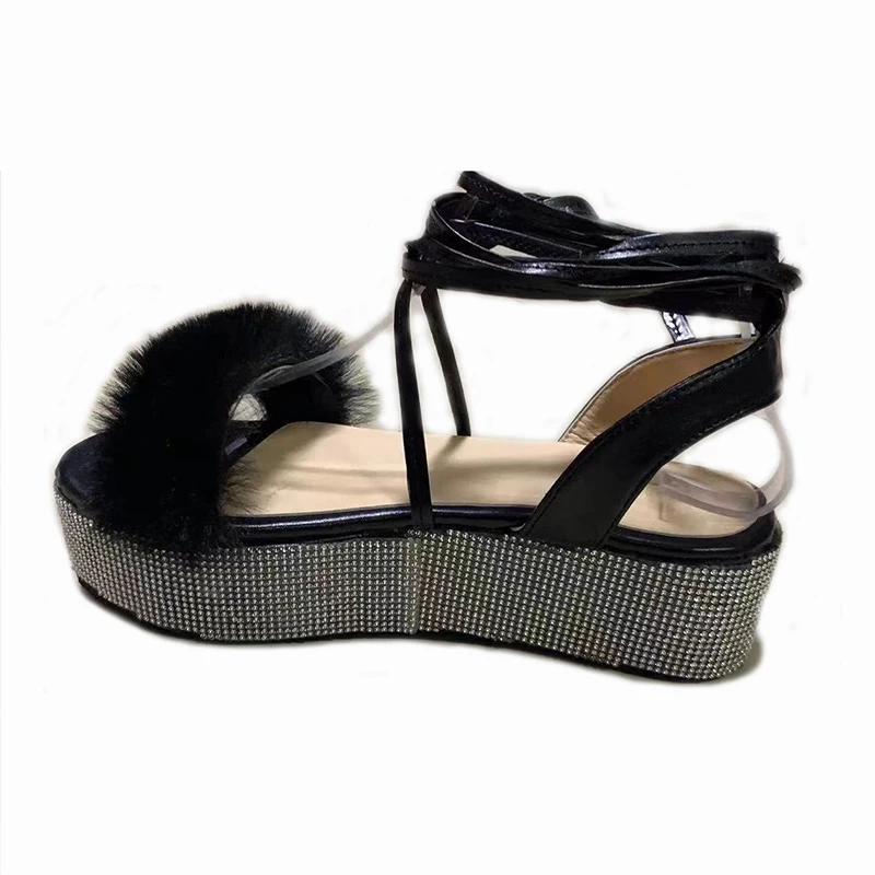 

Platform Shoes Rhinestone Ankle Strap Furry Women Sandals 2021 Summer Colorful Furry Open-toe Women's Sandals Sandaleas De Mujer