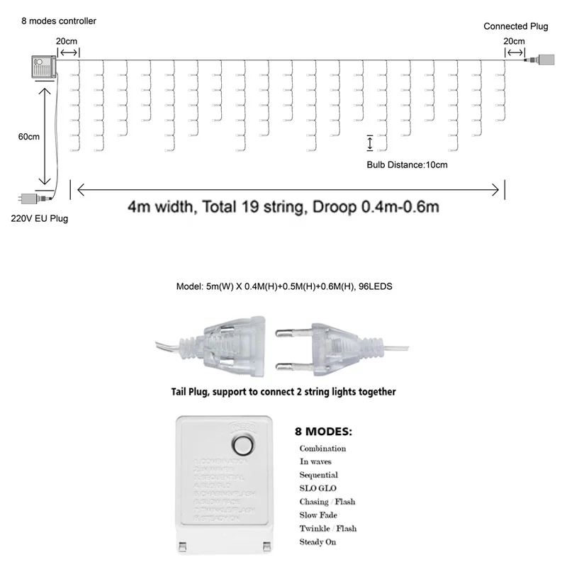 Светодиодный праздничный светильник гирлянда-занавеска в виде сосулек 5 м