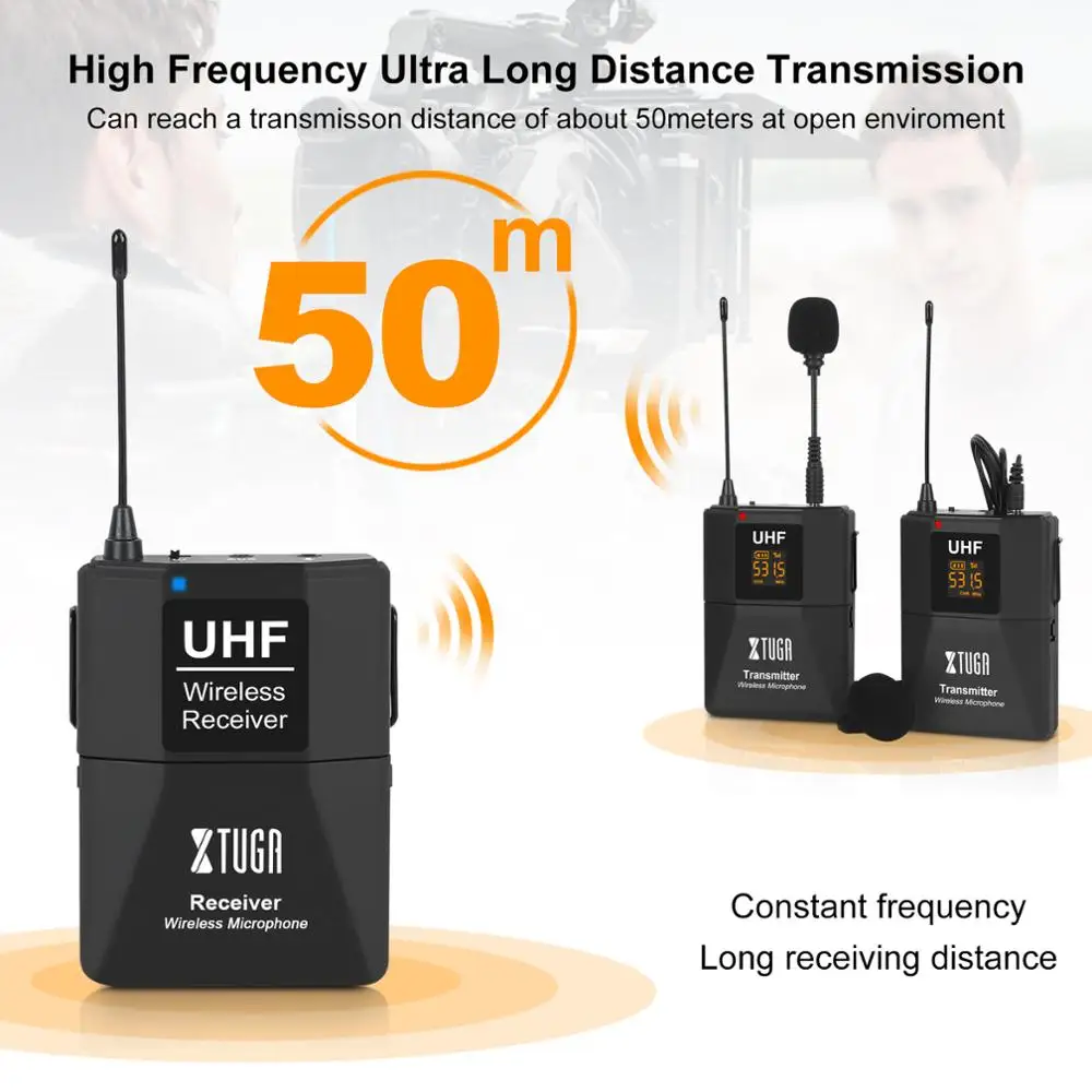 XTUGA двухканальный микрофон для камеры UHF Беспроводной петличный с функцией аудио