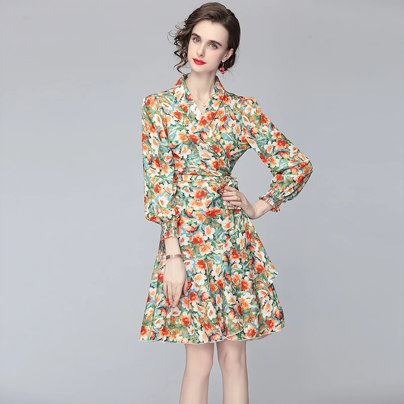 

2022 Spring Women's Dress European Commuter Lapel Print Long Sleeve Short Dress New Waist Female Dresses X418