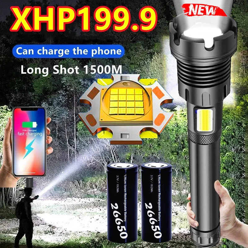 

2022 XHP199 High-power glare Led flashlight USB rechargeable With COB side light IPX6 Waterproof torch for hunting and camping