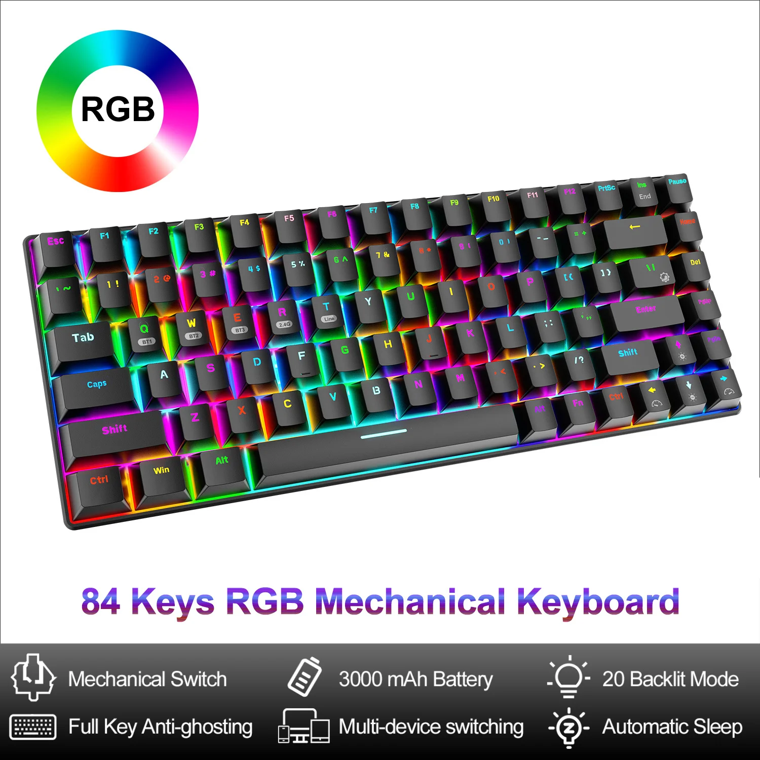 

Bluetooth mechanical keyboard, peripheral 84 RGB keys, compatible with + 2.4G + C nkro, notebook dynamic light keyboard