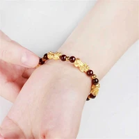 obsidian stone beads bracelet men women unisex wristband gold black pixiu wealth and good luck women bracelet