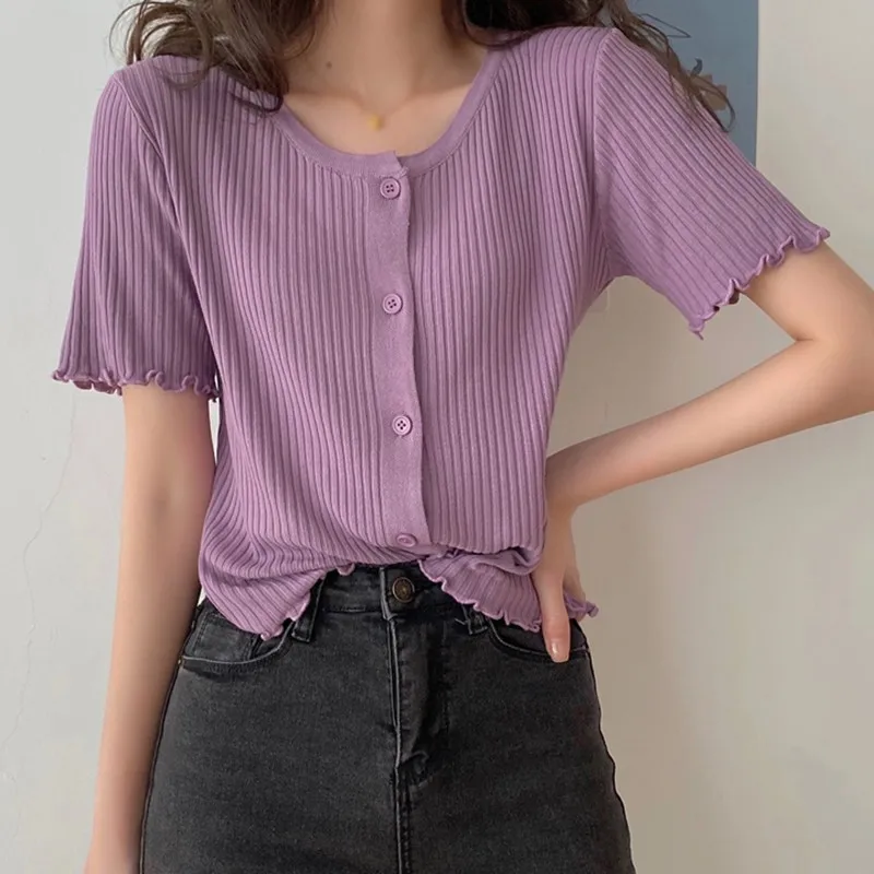 

Летняя винтажная трикотажная футболка с круглым вырезом и пуговицами, повседневная женская футболка, Топ Harajuku, укороченный тонкий короткий...