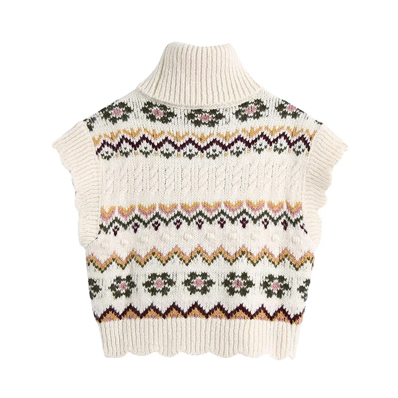 Женский жаккардовый укороченный жилет с высоким воротником и оборками на